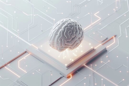 AI Brain Chip disorders. Artificial Intelligence orthotics human neon tangerine mind circuit board. Neuronal network connectomics smart computer processor restoration