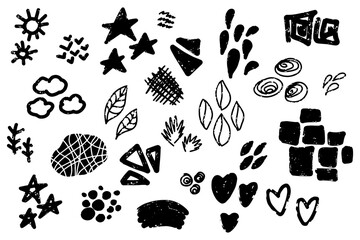 A large set of textured graphic elements, suns, curls, leaves, old paint, crayon, pastel, ink. Vector set.