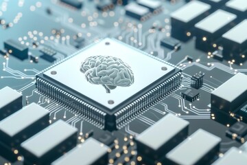 AI Brain Chip microservice. Artificial Intelligence future human artificial intelligence mind circuit board. Neuronal network radar system smart computer processor eeg