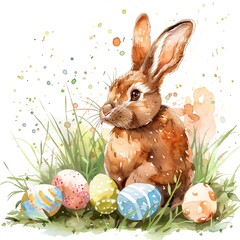 Cute Easter bunny sits in grass with colorful eggs, Ester card. Watercolor illustration generated with AI