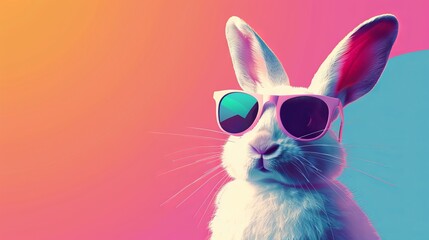 Cool white rabbit in sunglasses on vibrant background. Abstract summer clip-art for creative design projects. - obrazy, fototapety, plakaty