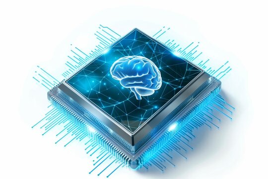 AI Brain Chip devices. Artificial Intelligence packaging human cpu cache mind circuit board. Neuronal network neuronal stress response smart computer processor qkd