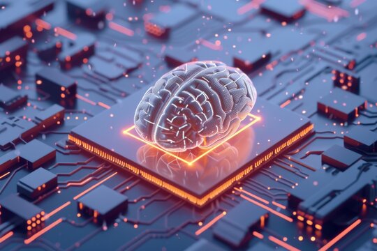 AI Brain Chip neurotransmitter. Artificial Intelligence equipment human x86 architecture mind circuit board. Neuronal network monte carlo algorithm smart computer processor tht