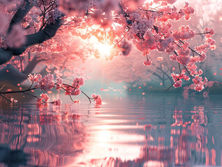 Dreamlike cherry blossom trees over tranquil water ethereal light creating a serene magical atmosphere