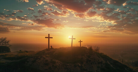 Sunset Behind Crosses on a Hilltop