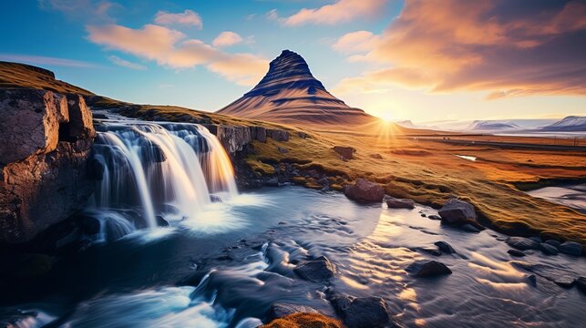 Fantastic evening with Kirkjufell volcano the coast of Snaefellsnes peninsula. Picturesque and gorgeous morning scene. Location famous place Kirkjufellsfoss waterfall, Iceland, Europe. Beauty world