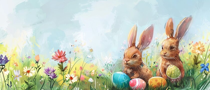 Cute white rabbit surrounded by colorful Easter eggs and spring flowers in a sunny field