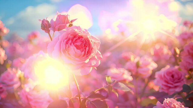 Pink roses in blue sky with sunlight soft blurred effect, Backdrop pink roses,Flowers wall background,Wedding decoration 4k video. Beautiful rose field copy space
