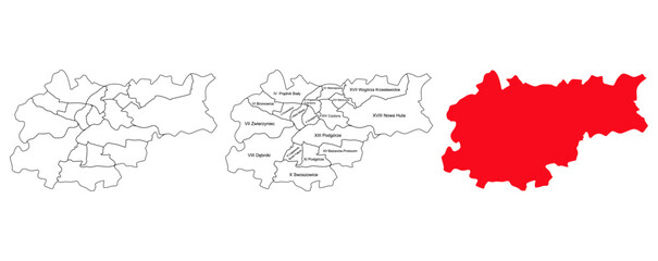 Map of Krakow and its districts. Vector silhouette of the city of Krakow