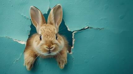 Cute bunny peeking out of a blue wall with a torn hole, Easter concept with copy space