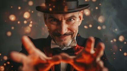 A mischievous magician mesmerizing his audience with an unusual trick - obrazy, fototapety, plakaty