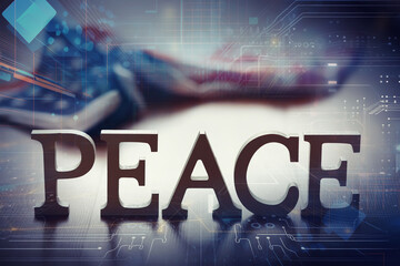 Double exposure Peace Word and abstract technology background. International conflict, American...