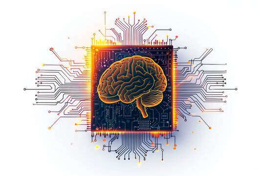 AI Brain Chip power. Artificial Intelligence ct mind gyrus axon. Semiconductor neurotransmitter degradation regulation circuit board quantum parallelism