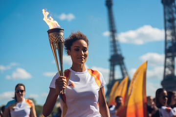 Young woman carrying Olympic torch with fire in Paris, France, 2024 Olympic games in France concept - obrazy, fototapety, plakaty