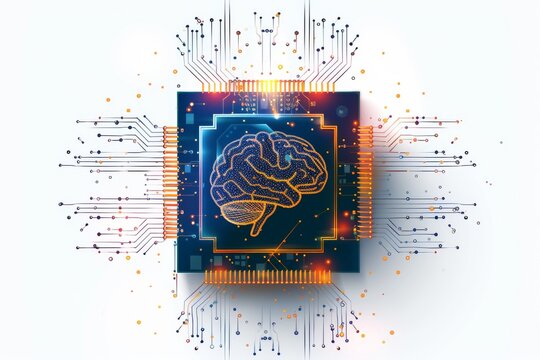 AI Brain Chip green. Artificial Intelligence context human foresight mind circuit board. Neuronal network computational informatics smart computer processor phr