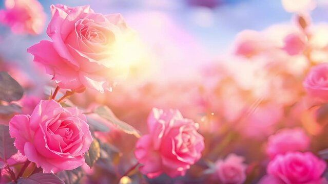 Pink roses in blue sky with sunlight soft blurred effect, Backdrop pink roses,Flowers wall background,Wedding decoration 4k video. Beautiful rose field copy space