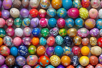 Fototapeta na wymiar Easter eggs in various colors and patterns arranged on a wooden table