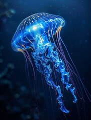 Ethereal blue jellyfish with sparkling dots, suspended in a dark underwater scene.