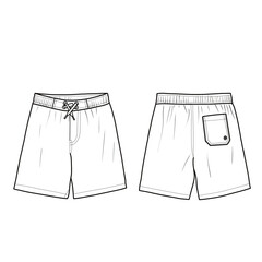 Flat sketch of men's shorts with pocket with elastic waist drawstring, vector illustration.