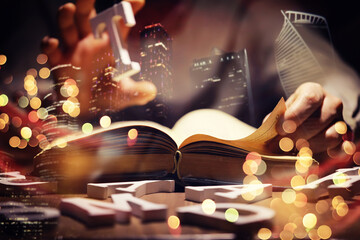 Close up of an unrecognizable man holding a book standing against a evening city panorama. Mock up,...