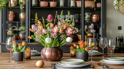 Elegant spring table setting with a bouquet of tulips and fine dining ware in a cozy home environment