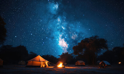 Fototapeta na wymiar Camping under the Serengeti Stars: Capture the Magic of a Starry Night Sky Blanketing the Campsite, Where Adventure and Nature Unite in Perfect Harmony.