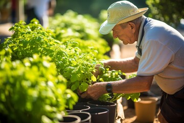 Elderly male farmer cultivating and gardening plants in greenhouse with care and expertise