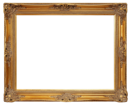 Golden picture frame on a transparent background, in PNG format.