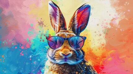 Cool and funny rabbit wearing stylish shades against a vibrant backdrop of rainbow colors, Easter bunny concept