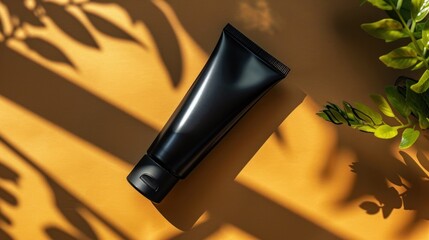 A bird's eye view of a black tube of face cream under sunlight. The container is suitable for lotion, gel,