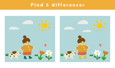 Find differences game for children. Educational activity with girl and cute dog  illustration. Spot the differences for kids.	