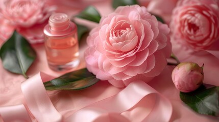Elegant pink camellia featured in Camellia cosmetic ads, along with cream bottle and ribbons