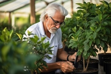 caucasian senior male farmer engaged in cultivating and caring for plants in a greenhouse