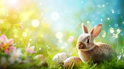 Fototapeta na wymiar spring eater vibrant background with eggs and bunny and copy space for text