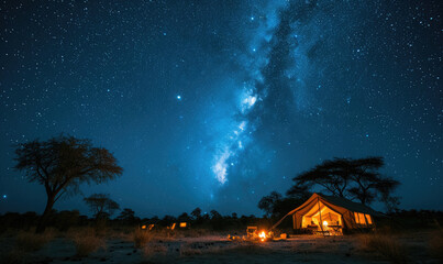 Camping under the Serengeti Stars: Capture the Magic of a Starry Night Sky Blanketing the Campsite, Where Adventure and Nature Unite in Perfect Harmony.