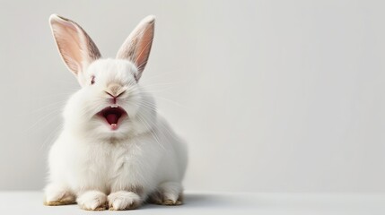 Obraz premium Cute white bunny with a happy expression on a plain background, ideal for Easter greetings and decorations