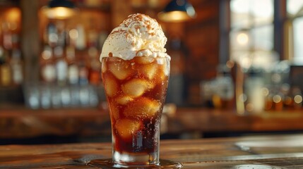 A delightful photo of a root beer float, with a scoop of vanilla ice cream floating in a glass of bubbly root beer