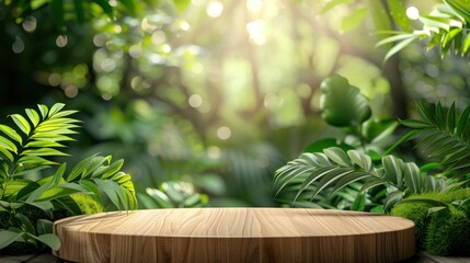 Display your wooden products on a minimalist podium against a background of blurred nature leaves