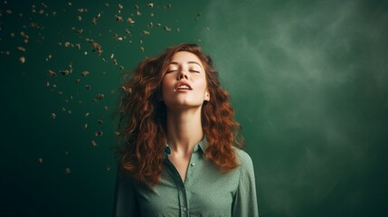 A beautiful dreaming redhead woman with her eyes closed on a green background with falling confetti and copy space.