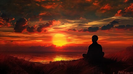 A man in his dream looks at the sunset