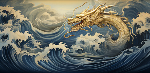 sea yellow dragon on the waves of the sea