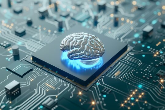 AI Brain Chip processing. Artificial Intelligence processing human insulin pumps mind circuit board. Neuronal network synaptic receptor smart computer processor dti