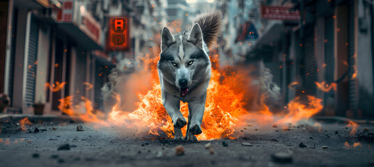 Front View Wolf in Green Yellow Fire: A Glorious and Brave Concept with Empty Space for Text or Logo - obrazy, fototapety, plakaty