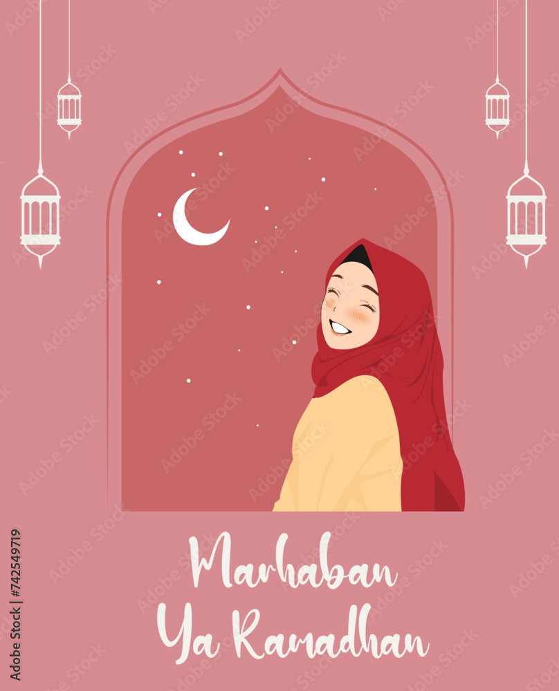 Canvas Prints marhaban ya ramadhan poster template with hijabi girl vector illustration. translation : welcome to 