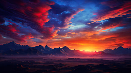 A vivid sunset sky with vibrant colors and a silhouette of a mountain range background Ai Generative
