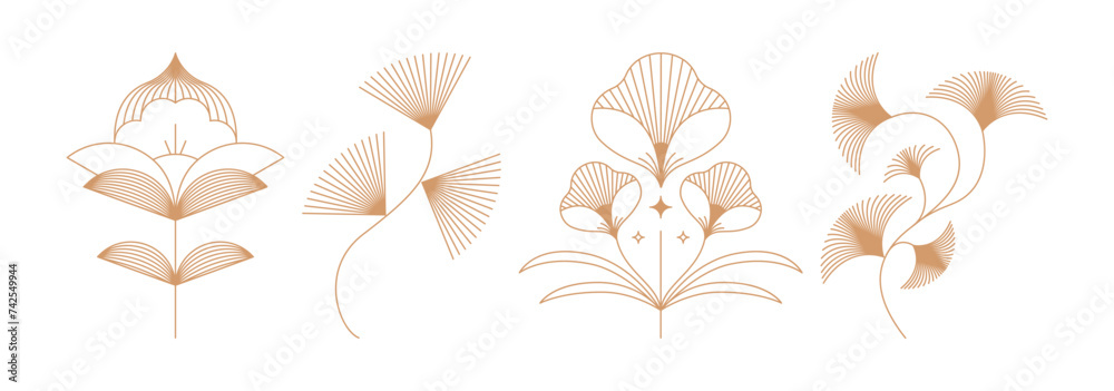 Poster Vector design elements and simple illustrations in simple linear style, packaging template and stickers, minimal designs for golden foil printing, cards, invitations and prints