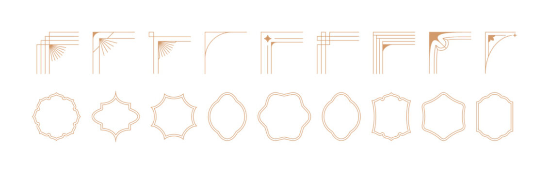 Vector design elements and simple illustrations in simple linear style, packaging template and stickers, minimal designs for golden foil printing, cards, invitations and prints