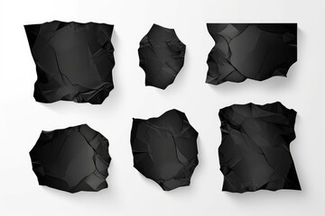 Black Sticker Collection. Set of Crumpled and Ripped Adhesive Banners, Tags, Labels on Blank Paper
