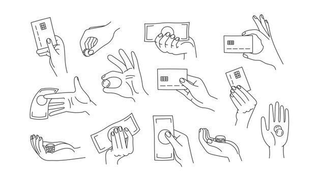 Money hand gestures set. Collection of isolated sketch signs with cash, banknote, coins, bank credit card on white background. Line fingers holding and showing various types of payment. Finance vector