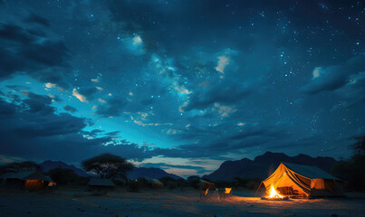 Camping under the Serengeti Stars: Capture the Magic of a Starry Night Sky Blanketing the Campsite,...